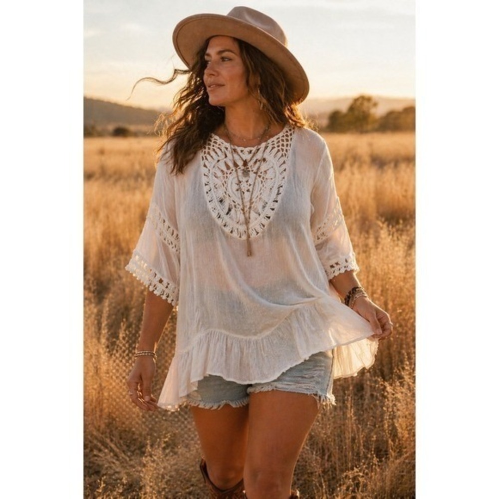 Boho Crochet Lace Tunic Top Large White Sheer Gauze Festival Beach Cover Up